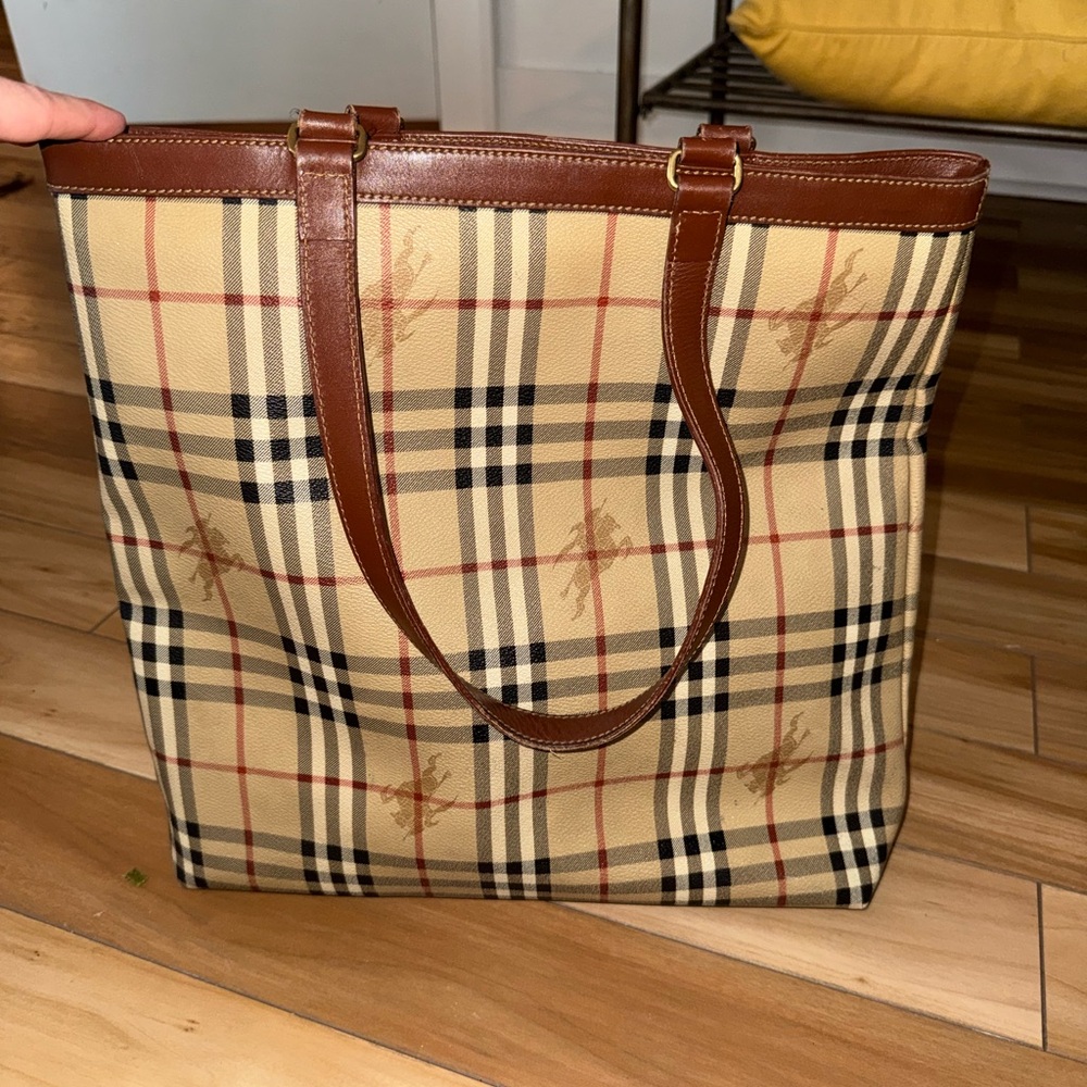 Burberry Beige Nova Check Tote with Brown Leather Trim